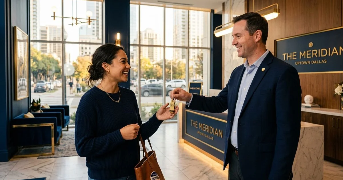 Renter receiving keys at an Uptown Dallas community