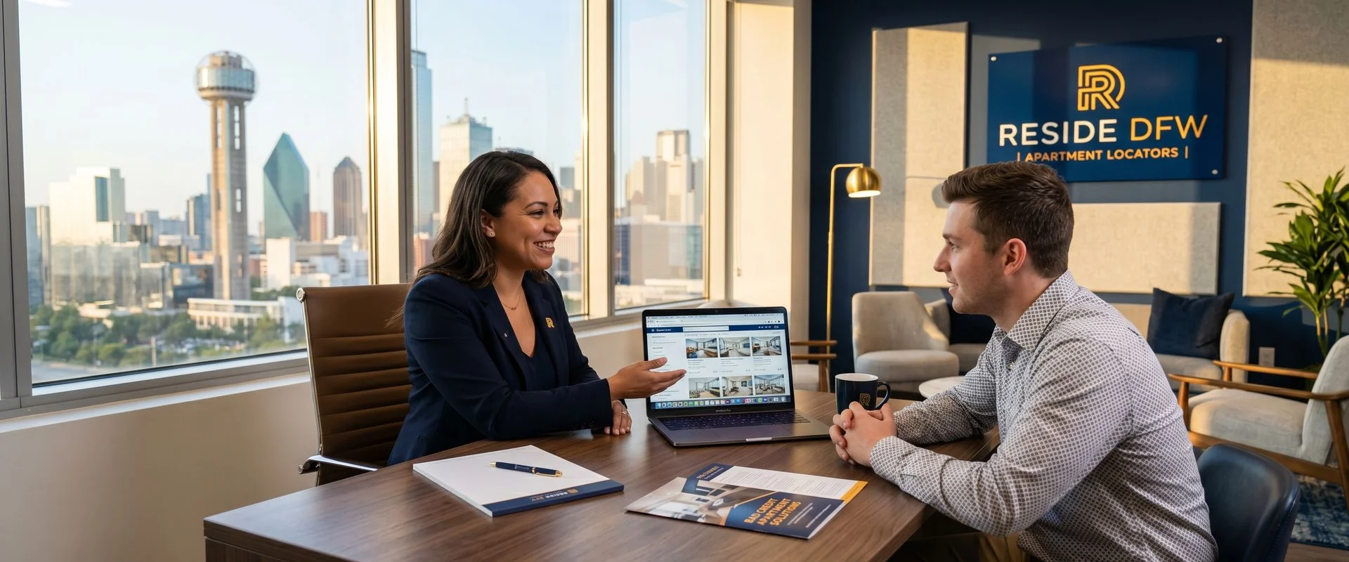 Apartment locator reviewing credit options with a renter