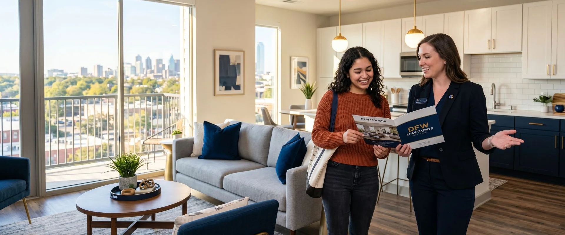 First-time renter touring a DFW apartment with a leasing agent
