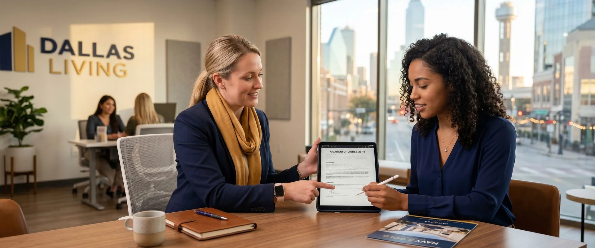 Renter reviewing guarantor agreement with locator