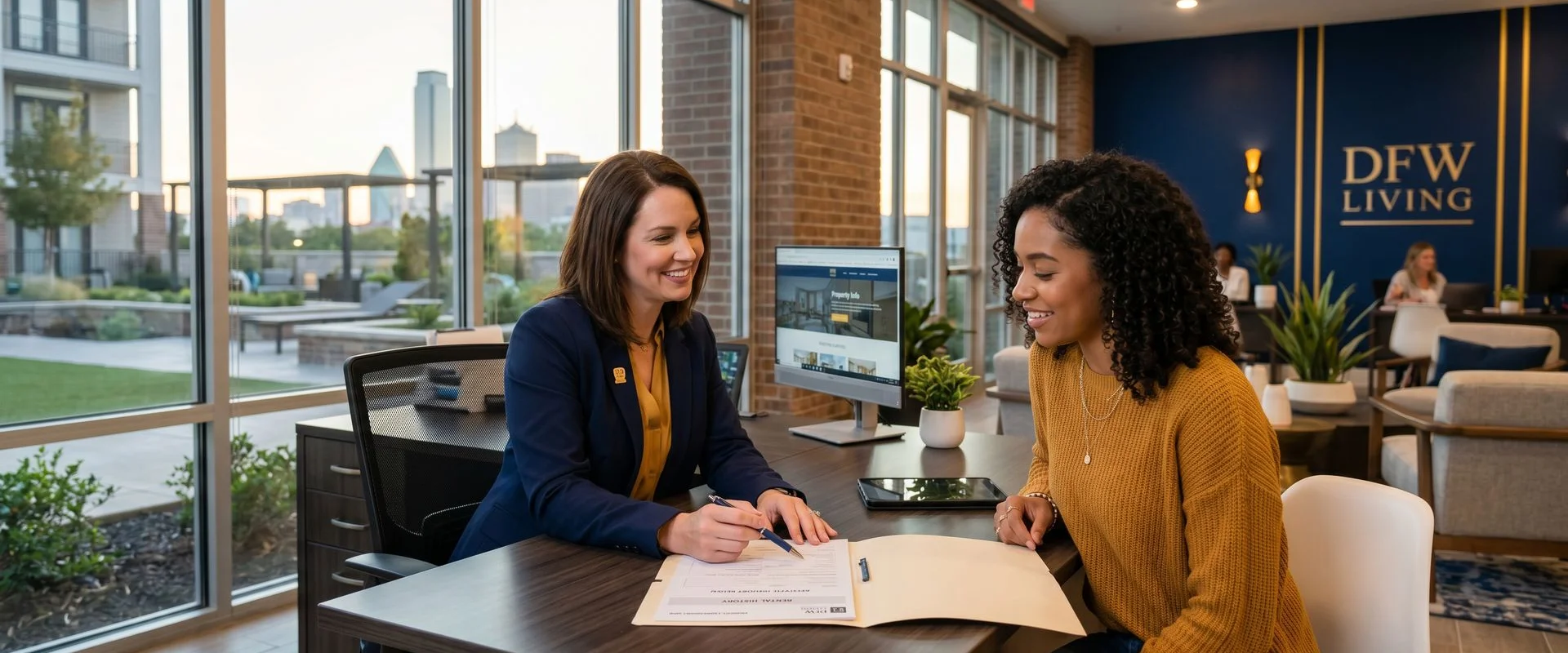 Apartment locator reviewing rental history with a renter