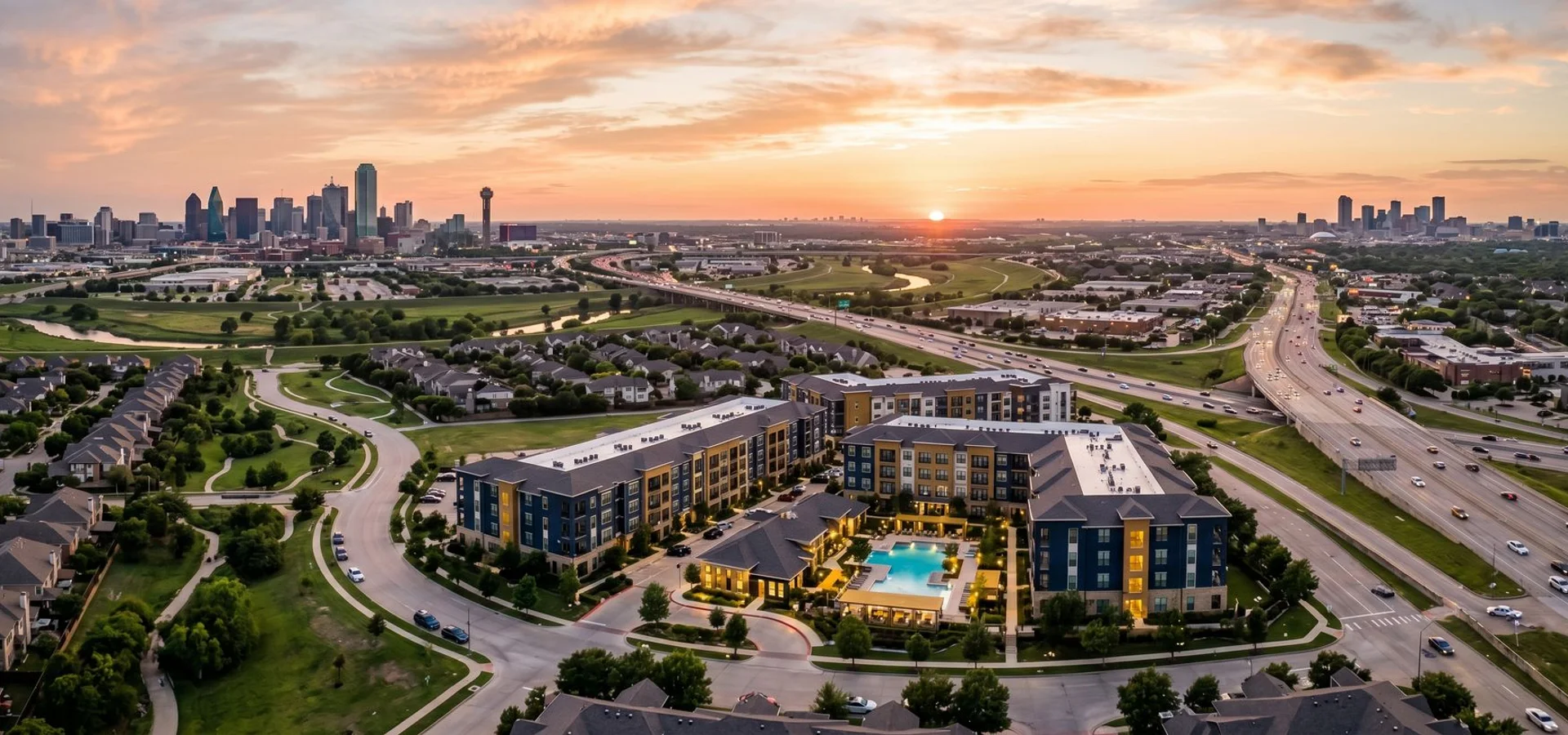 Aerial view of DFW at sunset
